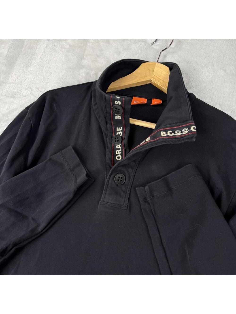 Hugo Boss Quarter Button Pullover Black Long Sleeve Shirt Men Sz S Preppy Logo